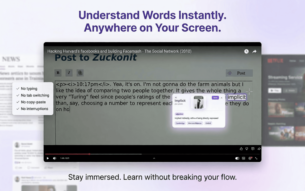 LexEye screenshot showing word details, saved words, and vocabulary list